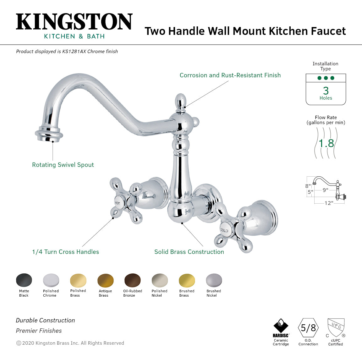 Kingston Heirloom KS1282AX - Heritage Two-Handle 3-Hole Wall Mount Kitchen Faucet, Polished Brass — thumbnail 2